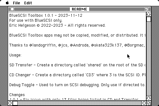 A Clarus text editor application with a scrollable window titled README showing the BlueSCSI Toolbox readme